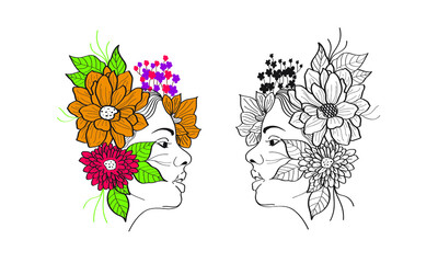 beautiful girl in colorful flowers and leaves