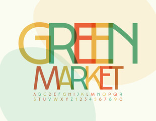 Fototapeta premium Vector Colorful Emblem Green Market. Trendy Bright Font. Creative Alphabet Letters and Numbers