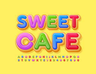 Vector delicious Sign Sweet Cafe. Colorful Glazed Font. Bright Donut Alphabet Letters and Numbers set