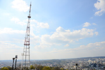 LVIV, UKRAINE - APRIL 17, 2019: Television tower on High castle in Lviv, Ukraine 