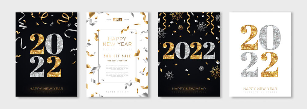 Christmas and New Year posters set with gold and silver confetti and 2022 numbers. Vector illustration. Winter holiday invitations with snowflakes and streamers