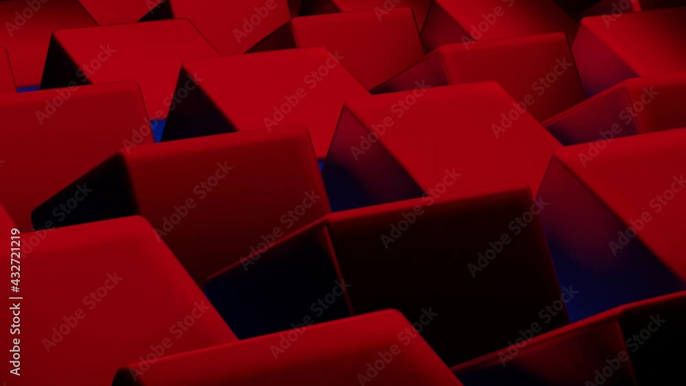 Poster rotating three-dimensional cubes with red-blue color. animated looped dark background. 3d render