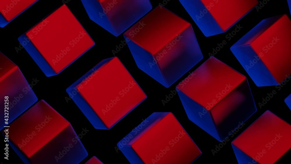 Aufkleber rotating three-dimensional cubes with red-blue color. animated looped dark background. 3d render