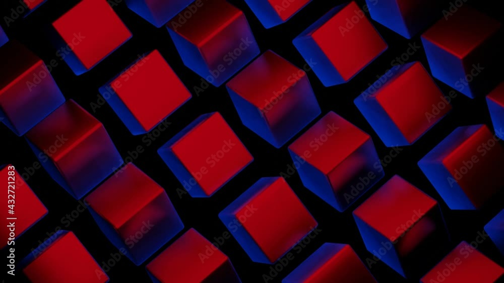 Poster rotating three-dimensional cubes with red-blue color. animated looped dark background. 3d render