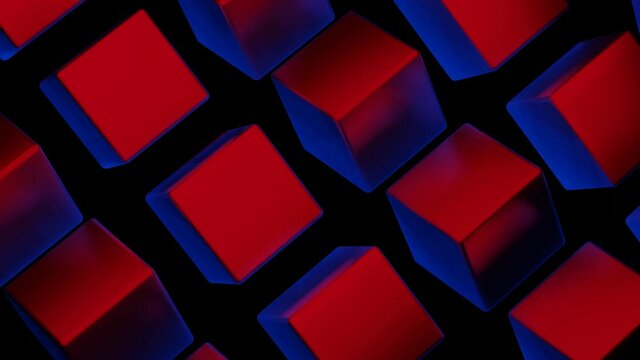 rotating three-dimensional cubes with red-blue color. animated looped dark background. 3d render
