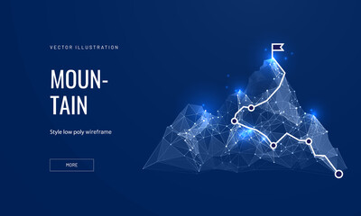 Path to the top of the mountain success concept in digital futuristic style on blue background. Vector illustration of the concept of step-by-step achievement of goals