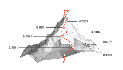 Infographics with mountain concept of the way to the goal in digital futuristic style on white background. Vector concept illustration of the way up the mountain