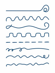 Set of blue underlines isolated on white background. Drawn by hand. Vector illustration.