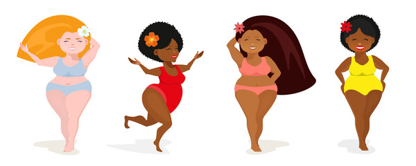 Multi-races women plus sizes in different positions in bikinis. Body positive concept. Attractive overweight girls. For the movement of fat intake. All elements are isolated.