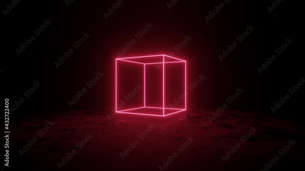 Poster cube with pink neon edges spins and hovers over a dark surface. simple seamless motion graphic anima