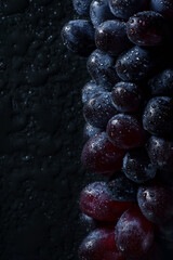 Fresh black grapes in drops on a black background