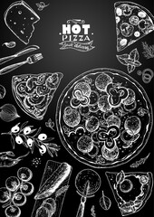 Italian pizza and ingredients top view frame. Italian food menu design template. Vintage hand drawn sketch, vector illustration. Engraved style illustration. Pizza label for menu.