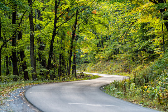 Autumn fall season green tree forest in West Virginia with winding steep paved road to Spruce Knob lake, overlooks and hiking trails with nobody landscape car pov