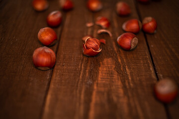 hazelnuts on the wooden background