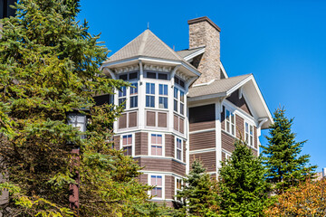 Apartment condo condominium building lodge building in Snowshoe, West Virginia small ski resort town village with pine trees