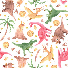Hand painted watercolor dinosaurs and volcano seamless pattern with palm tree, on a white background. Dino background for children