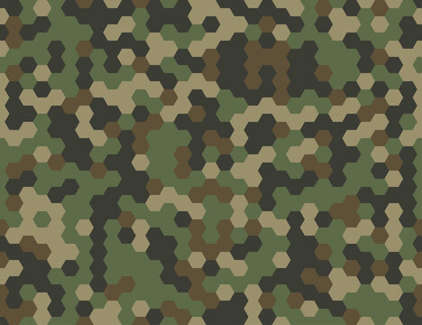 Seamless modern army camouflage hexagon pixel texture. Abstract vector futuristic camo hex background. Geometric tech pattern wrapping paper design illustration