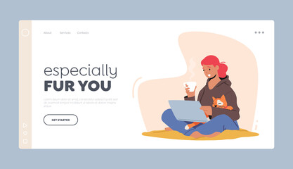 Girl and Cat Landing Page Template. Woman Sitting on Floor Work on Laptop with Cat Sleep on her Hands. Female with Pet