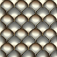 3d gold vector seamless pattern. Deco textured background. Modern repeat backdrop. 3d wallpaper. Ornate endless texture. Oval radial lines mandalas with effects, frames, stripes. Luxury ornaments