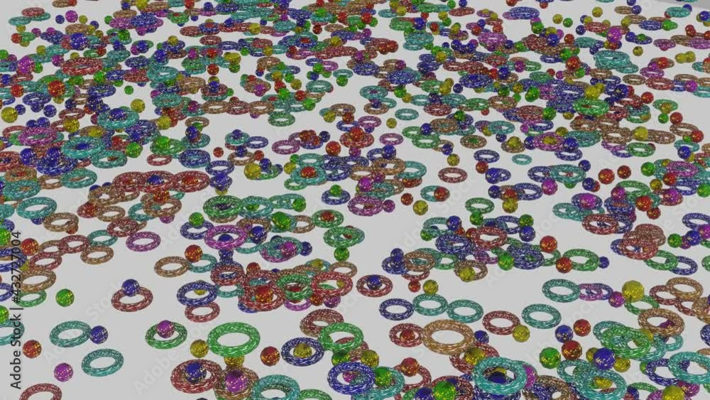 Poster multicolored rings and spheres move slowly on a white background. looped wave animation. 3d render
