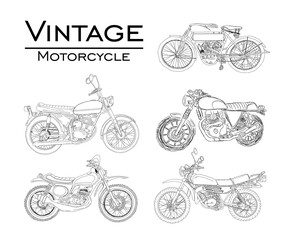 Vintage Motorcycle line art hand drawn design. 5 Set of retro Motorbike sketch vector design.