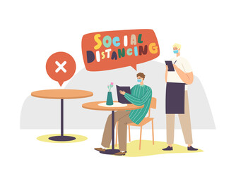 Social Distancing and New Normal After Global Pandemic. Male Character in Cafe or Restaurant After Coronavirus Outbreak