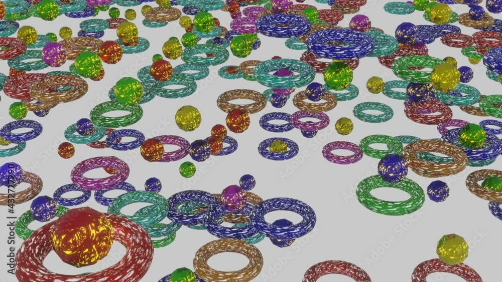 Poster multicolored rings and spheres move slowly on a white background. looped wave animation. 3d render