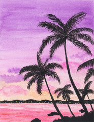 Watercolor painting landscape, palm tree, sunset, purple sky, beach, summer