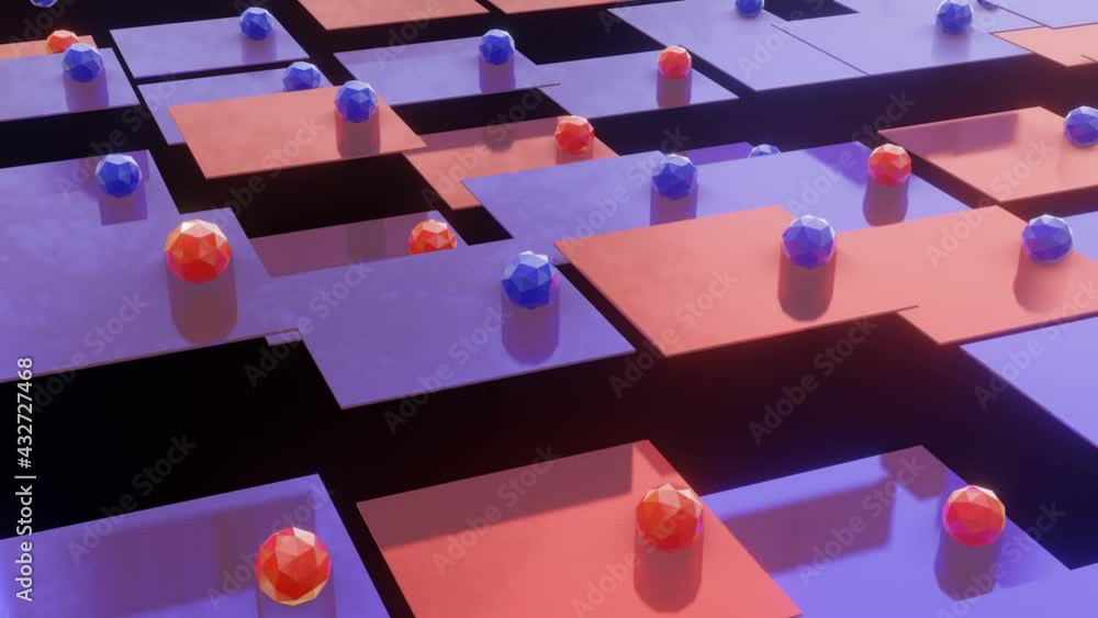 Poster red-violet moving background of squares and spheres. looped wave animation. 3d render