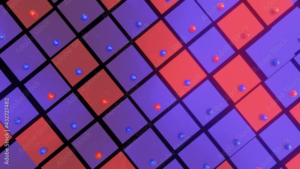 Poster red-violet moving background of squares and spheres. looped wave animation. 3d render