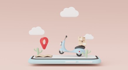 3d render Minimal mini mobile phone or smartphone for work with white copy space for mock up and creative design. Shopping online concept. Online mini Scooter parcel delivery on pastel background.