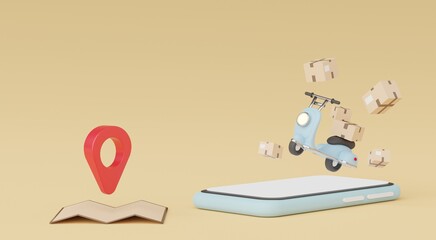 3d render Minimal mini mobile phone or smartphone for work with white copy space for mock up and creative design. Shopping online concept. Online mini Scooter parcel delivery on pastel background.