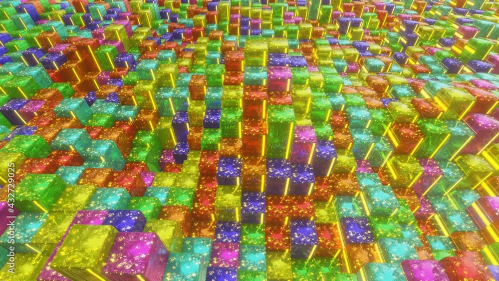 Poster a plane of rising and falling multi-colored cubes. looped animated background. abstract animation. 3