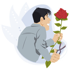 Man takes care of flowers in garden. Gardener cuts rose. Illustration for internet and mobile website.