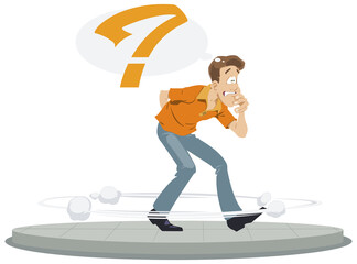 Dilemma of businessman. Manager tries to find solution. Confused man walk in circle. Illustration for internet and mobile website.