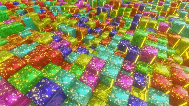 a plane of rising and falling multi-colored cubes. looped animated background. abstract animation. 3d render