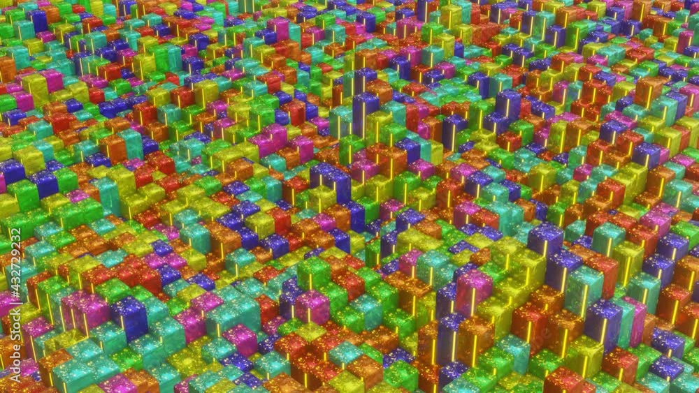 Poster a plane of rising and falling multi-colored cubes. looped animated background. abstract animation. 3