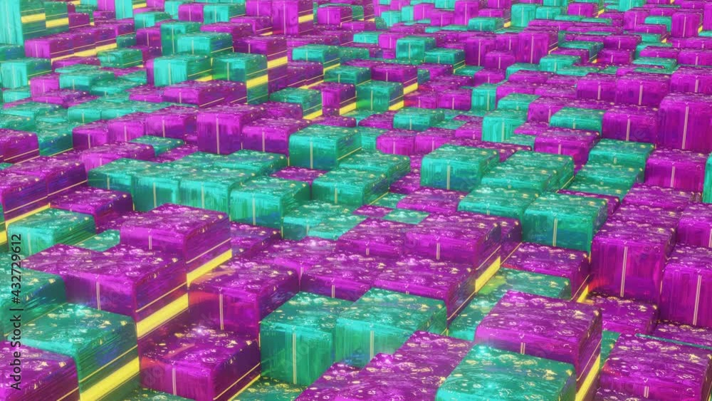 Poster a plane of rising and falling purple and turquoise cubes. looped animated background. abstract anima