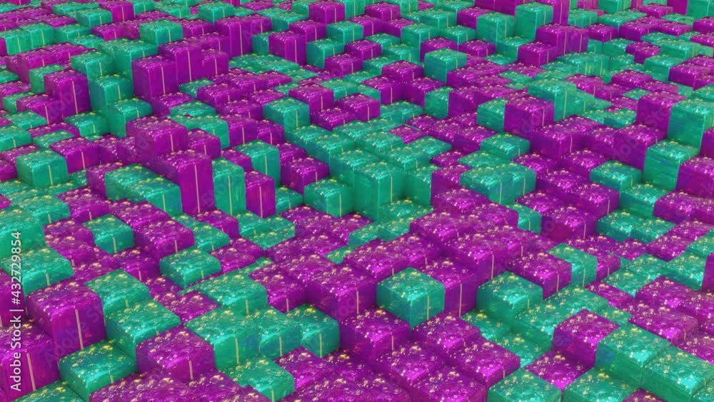 Poster a plane of rising and falling purple and turquoise cubes. looped animated background. abstract anima