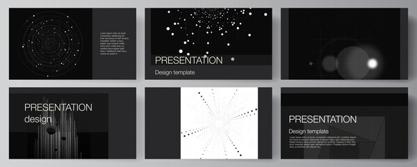 Fototapeta na wymiar Vector layout of the presentation slides design templates for presentation brochure, brochure cover. Black color technology background. Digital visualization of science, medicine, technology concept.