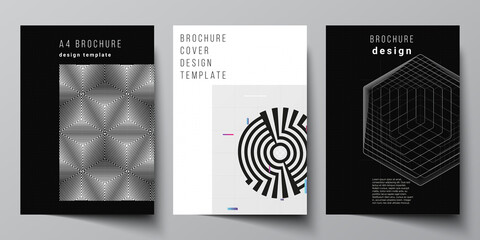 Vector layout of A4 cover design templates for brochure, flyer layout, booklet, cover design, book design. Black color technology background. Digital visualization of science, medicine, tech concept.