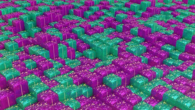 a plane of rising and falling purple and turquoise cubes. looped animated background. abstract animation. 3d render