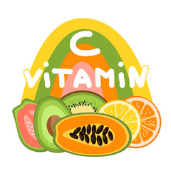 Vitamin C source concept. Fruits containing ascorbic acid with a letter on color rainbow background. Orange, lemon, kiwi, kakadu plum, guava, papaya.