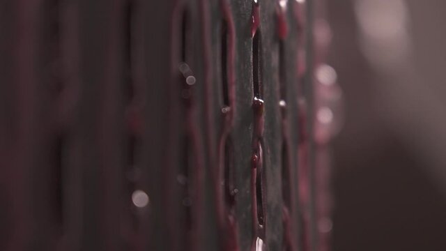 Grape juice exit modern mechanical stainless steel wine press after extraction. Wine making of crushed grapes pomace and must. Wine production concept. Winemaking factory. Wine press expel pressed