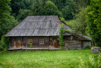Obraz premium old wooden village house on a background of greenery