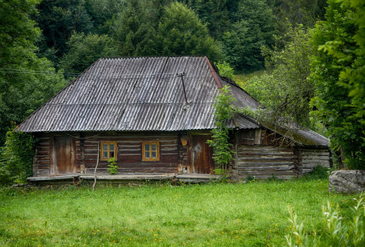 old wooden village house on a background of greenery