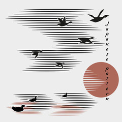 Ducks, geese fly into bright sun. Sea, clouds in sky on white background with black birds. Minimalistic pattern in Japanese style. Vector illustration, birds in form of hieroglyphs.