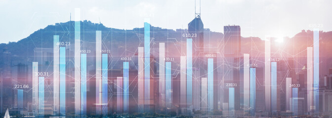 Financial graph diagram trading investment business intelligence concept website panoramic header double exposure modern city view