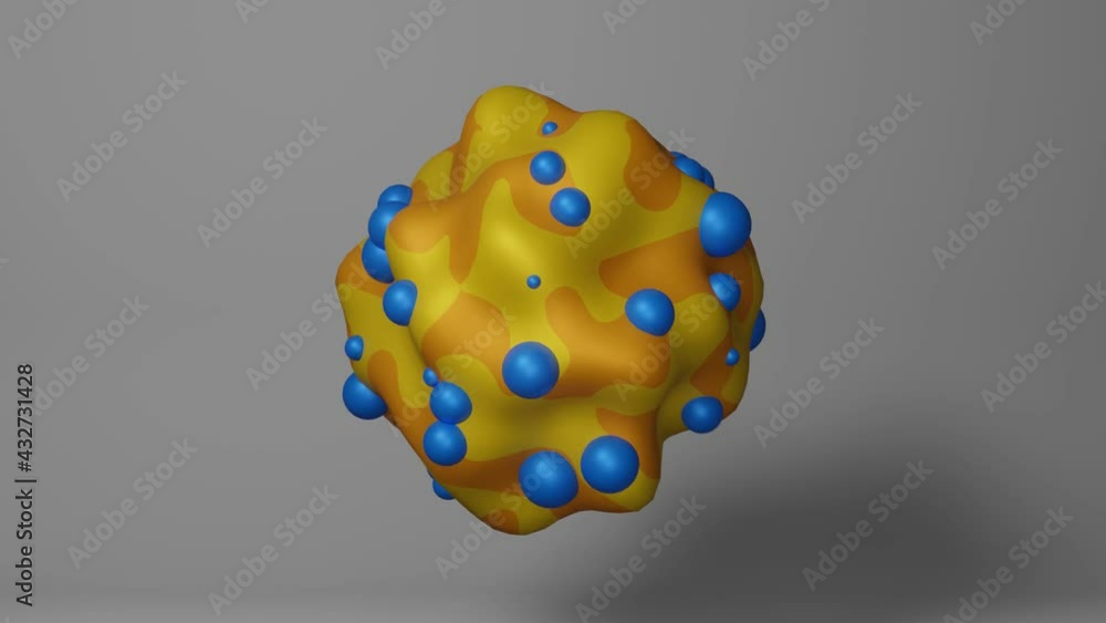Poster abstract yellow and orange liquid shape with blue bubbles reshape and transform. 3d rendered creativ