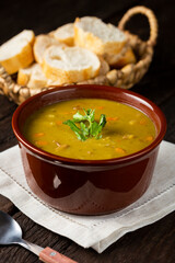 Pea soup. Bowl with pea soup on the table